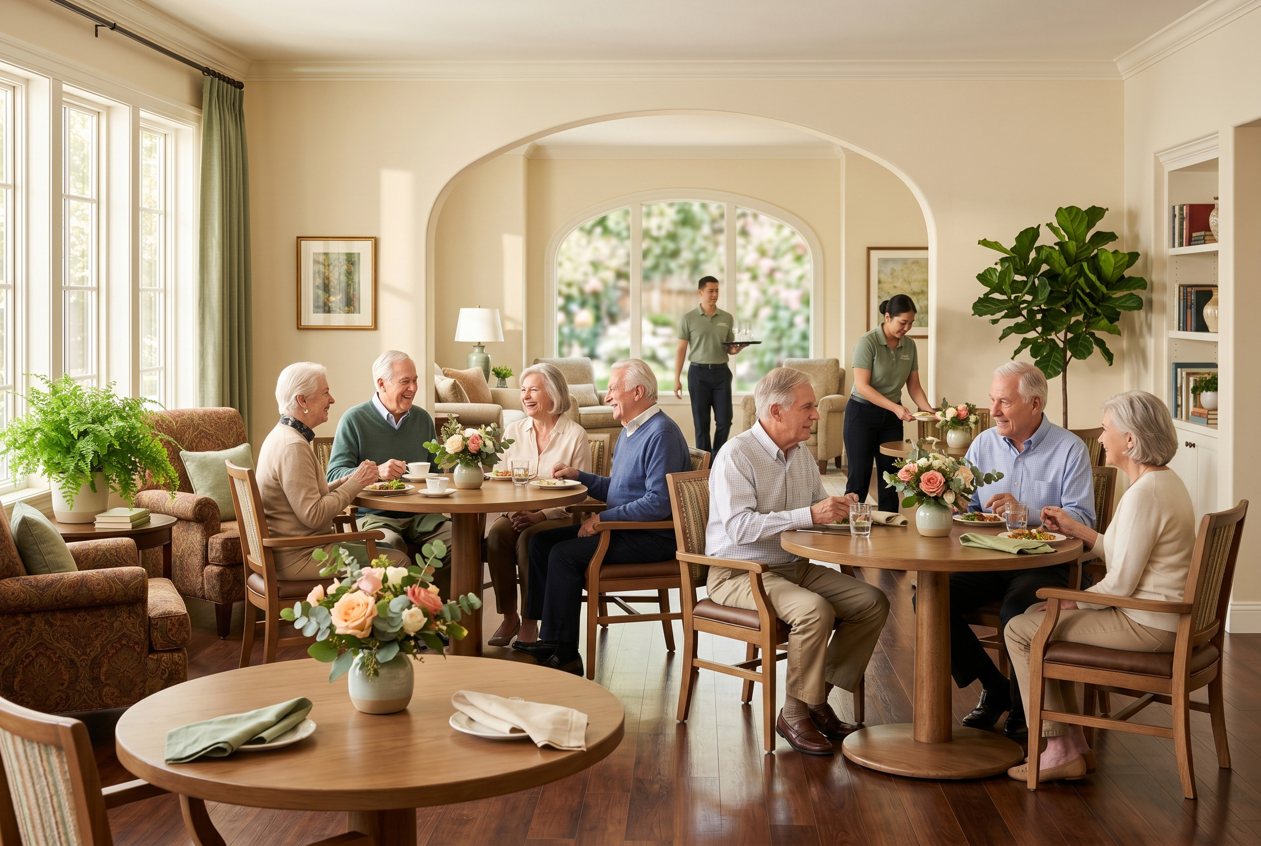 Warm assisted living community dining room